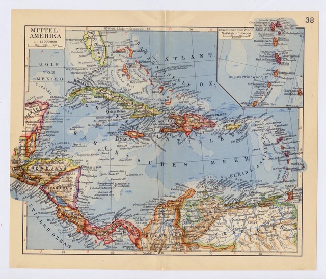 1939 Vintage Map Of Caribbean West Indies Puerto Rico Bahamas Costa Rica