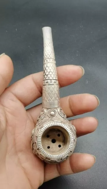 China Old Tibet Silver Carve Dragon pipe 3