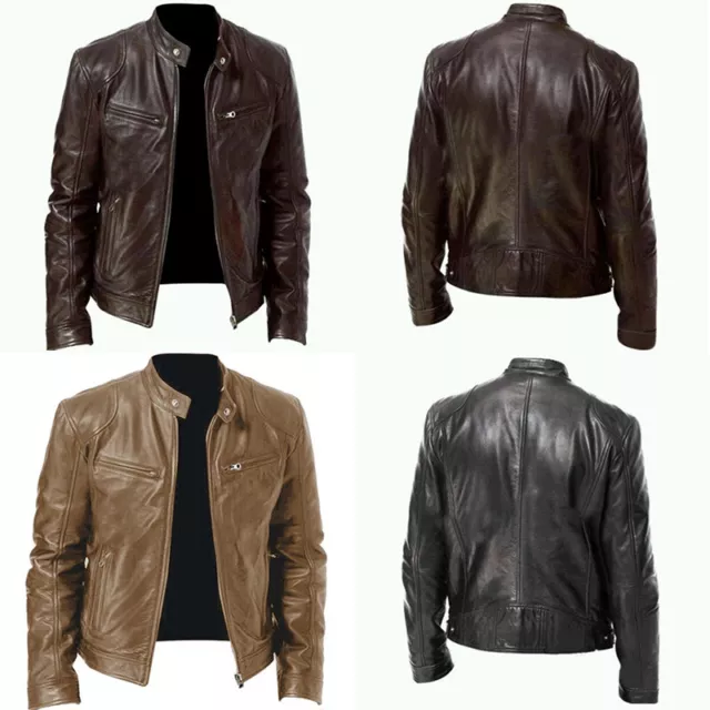 Mens Jacket New Slim Retro Leather Black Vintage Real Genuine Fit Biker Brown