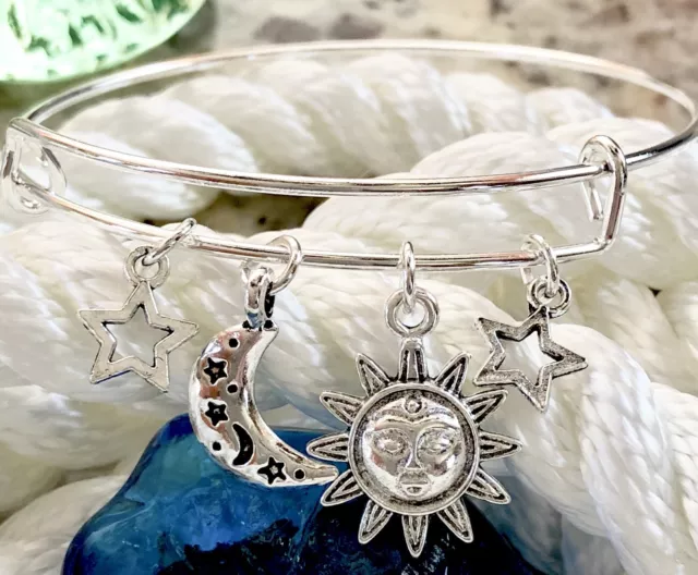 Sun Moon and Stars Celestial bright Silver charm Expandable Bangle Bracelet