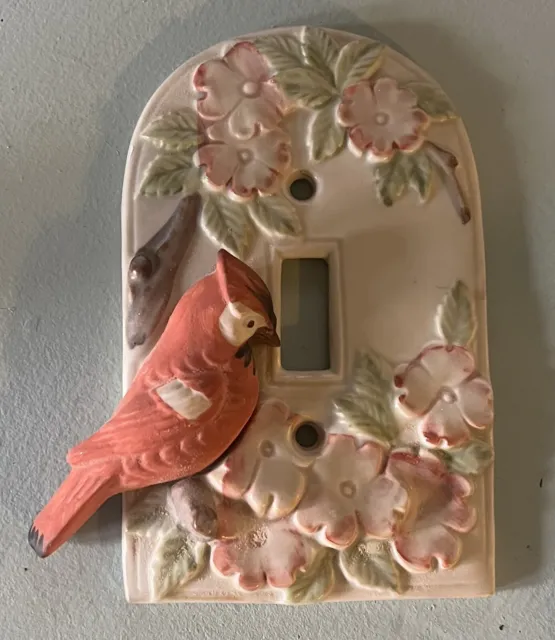 Vintage Takahashi Porcelain Light Switch Cover Red Cardinal Flowers Majolica