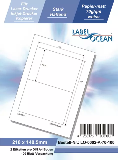 Klebeetiketten DIN A4 weiß 210x148,5mm (Laser Inkjet Kopierer) 100 Blatt