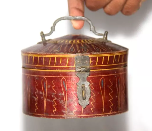Old Wooden Latch Hook Iron Lacquer Red Painted Work Round Handcrafted Powder Box