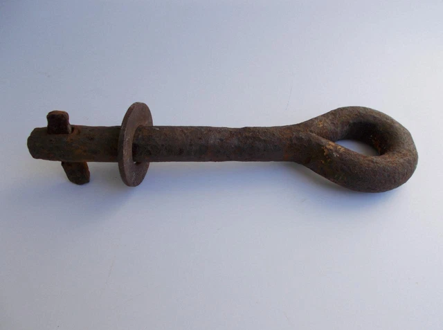 Antique Hand Forged Primitive Iron Eye Bolt 10 1/2" x 1" w/Thru Pin No Threads