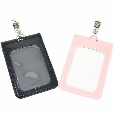 Pink, Black Vertical PU Leather ID Badge Holder Pocket Wallet with ID Strap Clip