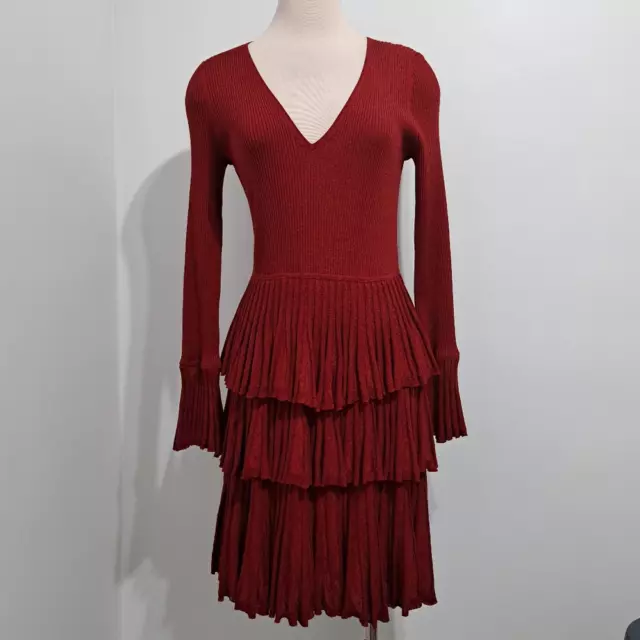 Diane Von Furstenberg DVF Sharlynn Long Sleeve Tiered Ribbed Knit Dress Med Red 3