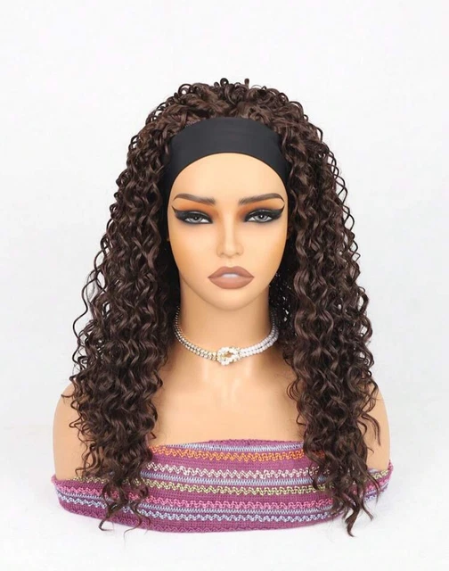 Perruque Longue Brun Foncé Bouclée Avec Frange – Synthétique, Bonnet Ajustable – Neuf Sans étiquettes