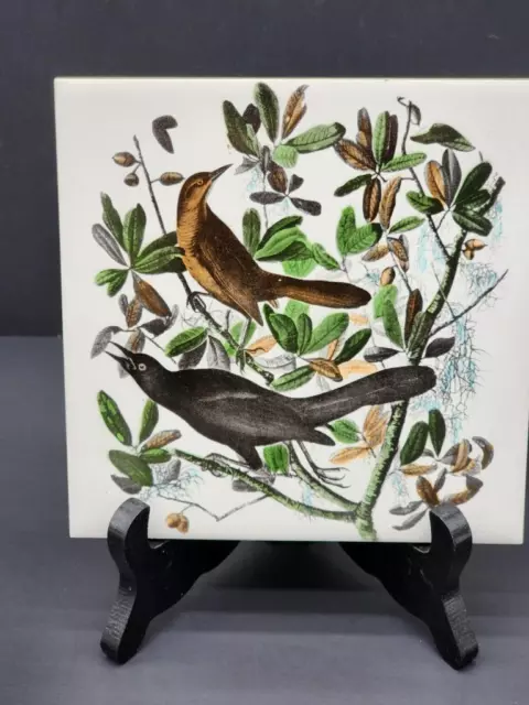BLACKBIRDS Vintage Delano Studios Hand Colored Tile Trivet Cork Back 6 X 6