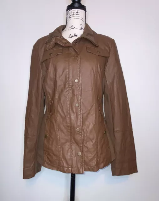 GUESS Size Lg Faux Leather Quilted Moto Zip Biker Bomber Jacket Brown Vegan