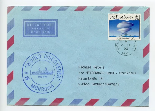 BRITISH ANTARCTIC TERRITORY 1993 Cover Ship MV WORLD DISCOVERER MONROVIA