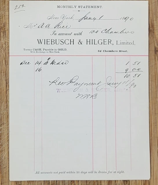 1890 Billhead New York City Wiebusch & Hilger Limited