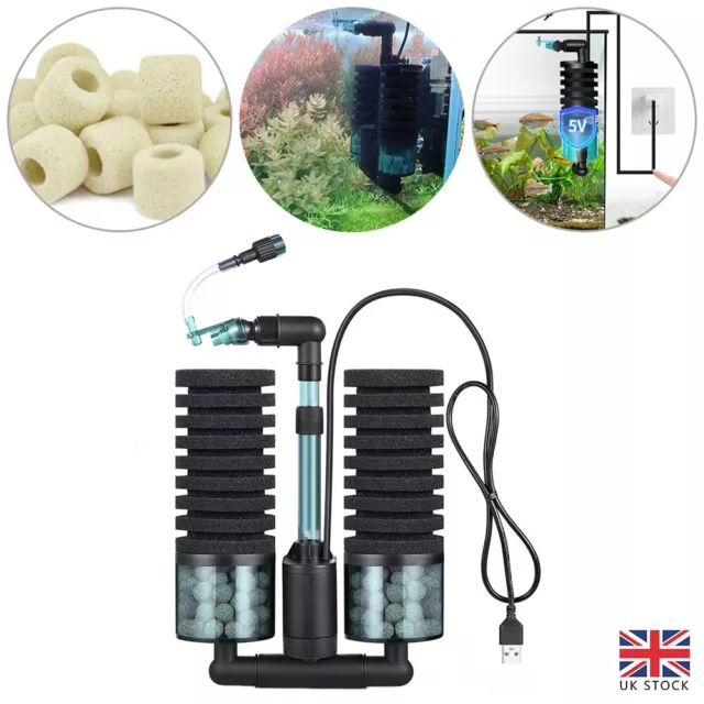 Aquarium Double Sponge Filter 2W Quiet Electric Power Fish Tank Filter M UK