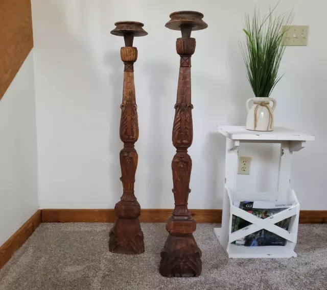 Antique Hand made carved Very Tall 43.5 " Solid Dark Wood Candle Holders. C-595