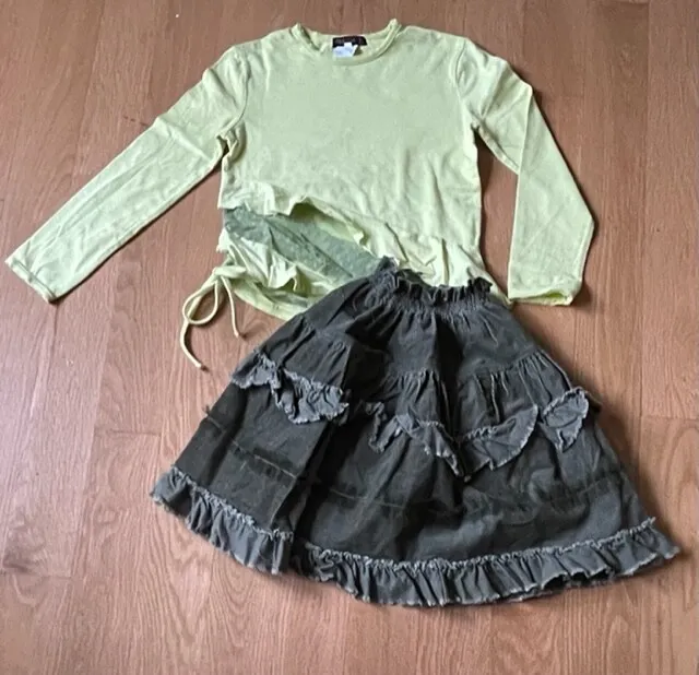 Girls Oraregazze Italy Boutique Tshirt Top & Green Ruffle Skirt Set 7 EUC