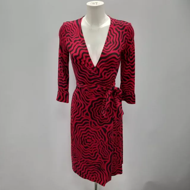 Diane Von Furstenberg Red Black Patterned Wrap Dress US8 UK12 Womens RMF04-ER