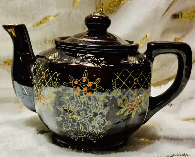Vintage Brown Floral Flower Pattern Gold ✨Trim Teapot with Lid Made in Japan