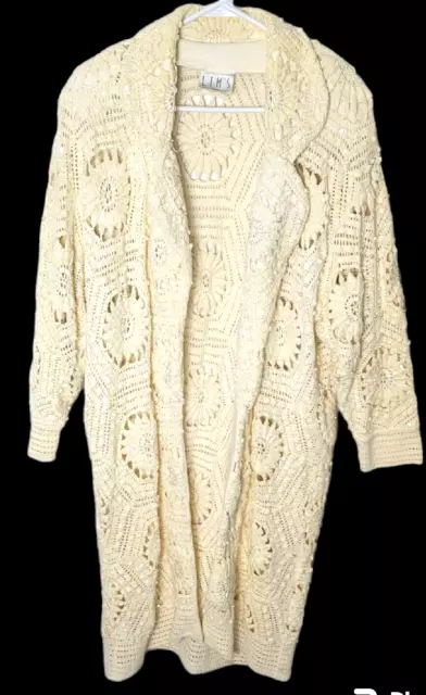 Vtg One-of-a-kind Hand Knit Crochet Afghan Cardigan Duster Sweater Beads M L