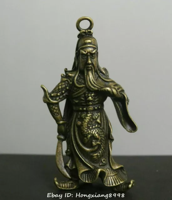 7cm China Bronze Guan Gong Yunchang Yu Warrior God Hold Knife Sword Statue