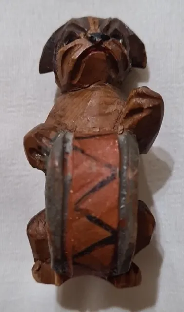 Vintage Folk Art Wood Carving Of A Dog With A Drum. 1930s 40s