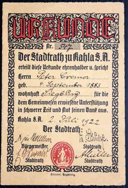 KAHLA 1922 XX-RARE Urkunde / Certificate for Notgeld Collector hand-signed
