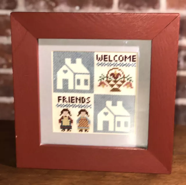 Cross Stitch Completed Finished Framed Welcome Friends Country Farmhouse EUC