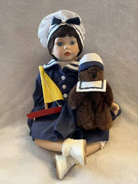 Heritage Signature Collection Porcelain Sailor Doll with Teddy Bear & Sailboat