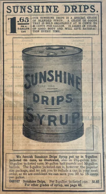 Vintage Sunshine Drips Syrup￼ ￼Print Ad From 1907 Sears Catalog