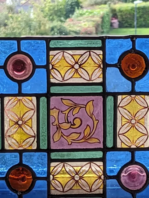 Renovated Decorative Comact Victorian Stained Glass Panel Hand Painted Elements