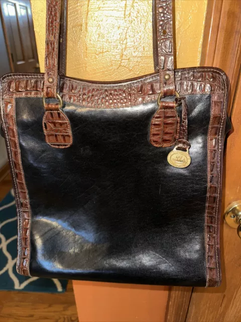 Vintage Brahmin Black Shoulder Bag Smooth Leather Tote Brown Croc Handbag Purse