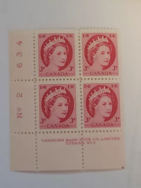 1954 Canada Post 3c Queen Elizabeth II 339 Plate Block 2 Left Bottom Block