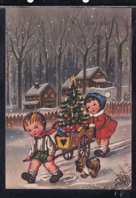 Cartolina Buon Natale e Felice Anno Nuovo Bambini Cagnolino Case Neve Z1350
