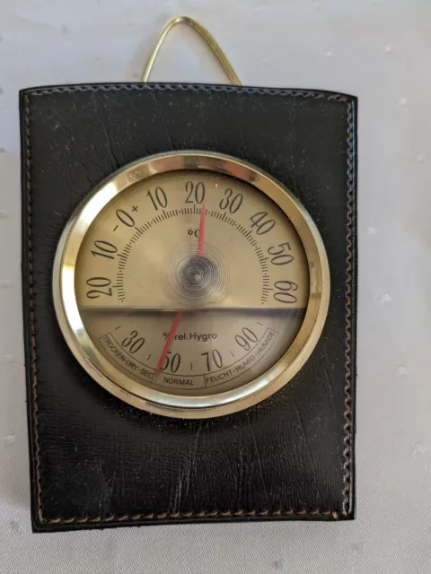 Vintage - Thermometer -  Hygrometer Messing auf Leder zum Aufhängen