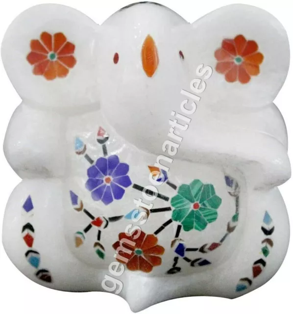 Escultura floral con incrustaciones de Ganesh, ídolo de mármol blanco hecho...