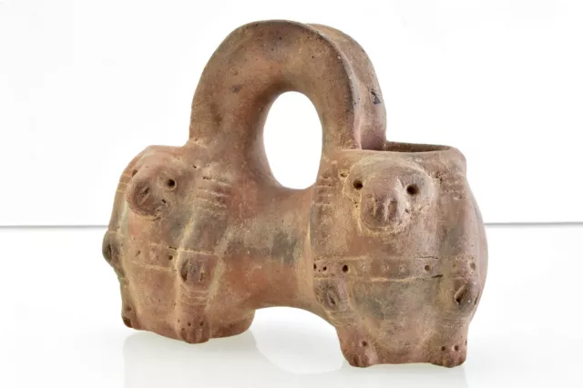 Antique Pre-Columbian Style Pottery Ceramic Artifact Oil Lamp With Faces (V3239)