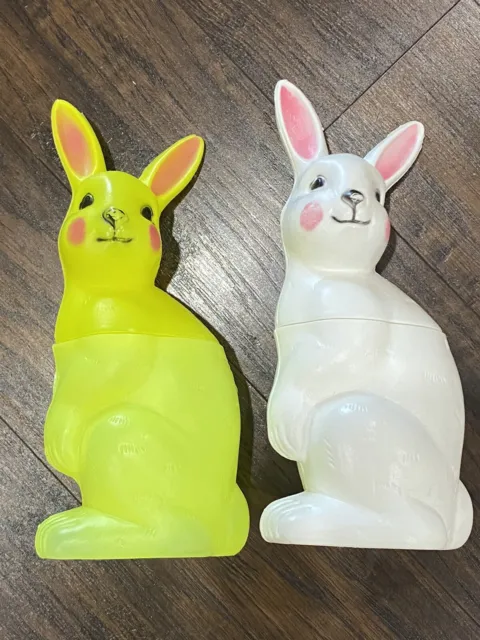 Lot Of 2 Vintage Easter Bunny Blow Mold 11" Candy Container Yellow White