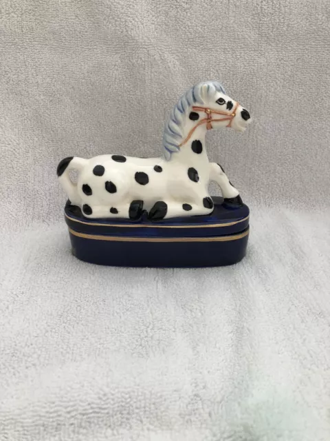 Vintage Fitz and Floyd Cobalt Blue Trinket Box w/ Horse Made in Japan 2 Lids