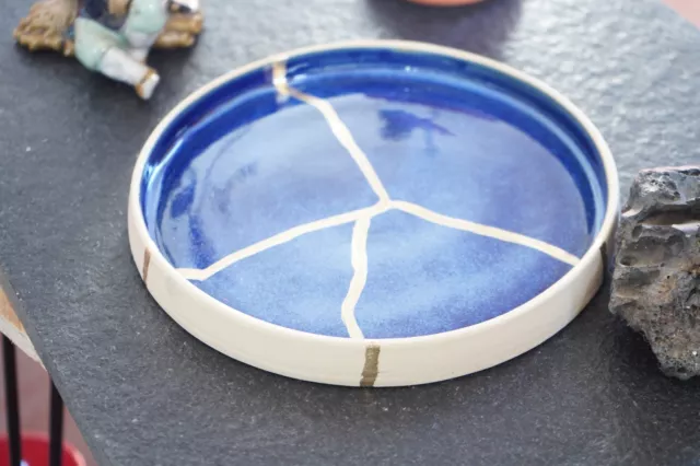 18K Gold Kintsugi Plate Japanese Ceramic Kintsugi Handmade Dish - Deep Blue 2