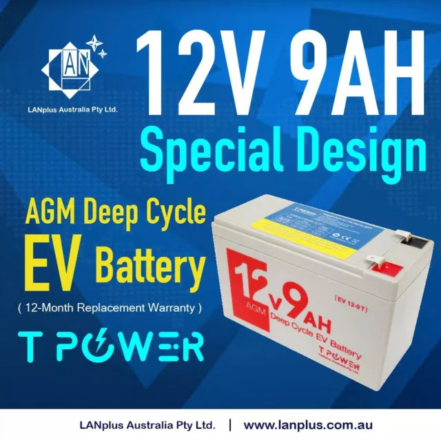 Tpower 12V 9AH AGM Deep Cycle EV Battery Electric Bike Scooter GoCart 6FM7 6DZM7