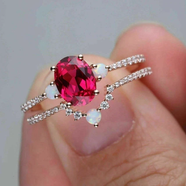 3 Ct Oval Lab Created Ruby Opal 925 Silver Rose Gold Plated Bridal Ring Set