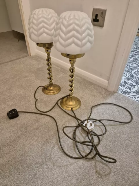 Pair Art Deco Table Lamps Antique Barley Twist Brass Lamp Base Glass White Shade