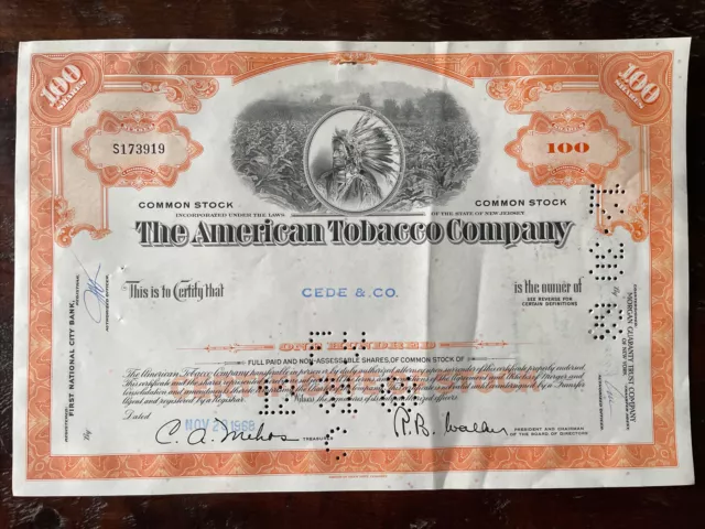 LOT (5) American Tobacco Company 100 Share Stock Certificates 1960's Orange