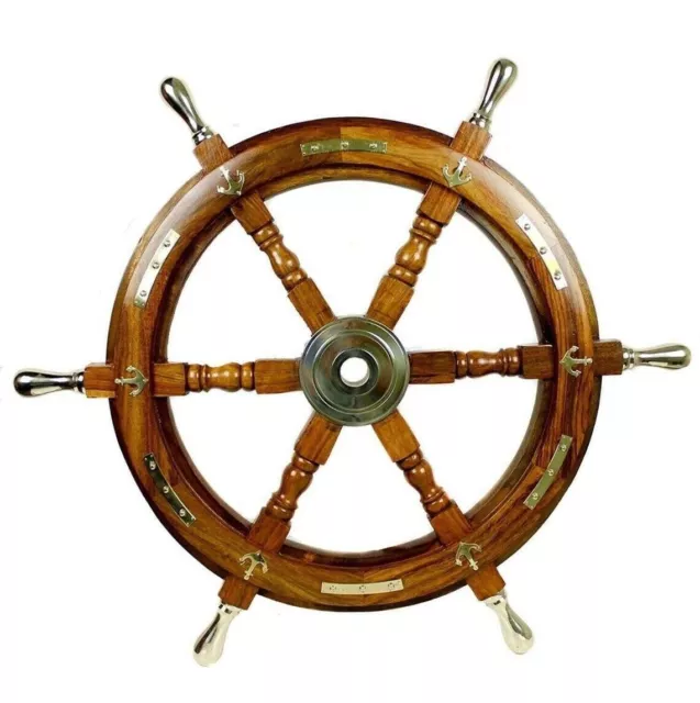 Antique Nautical Wooden Ship Steering Wheel Home Decor Brass Handle Wall Boat