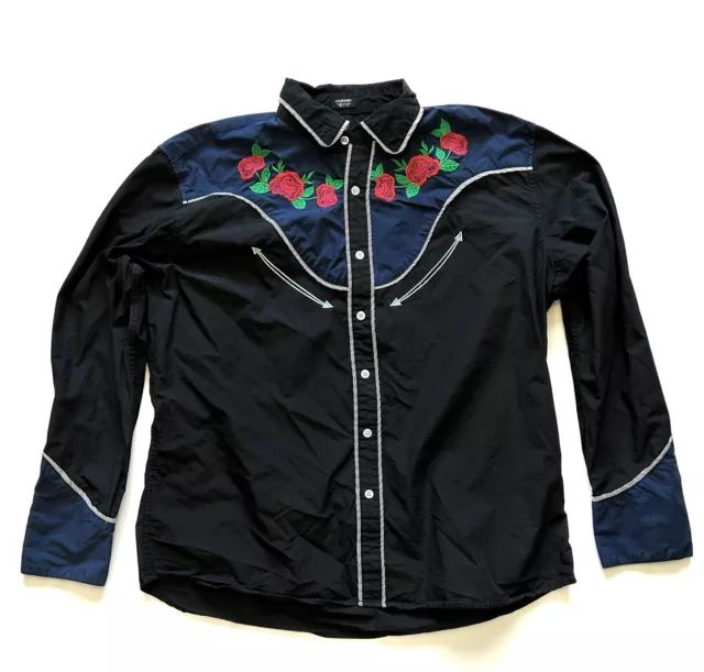Coofandy MENS LARGE Black w/Red/Green Embroidered Red Roses Western Long Sleeve
