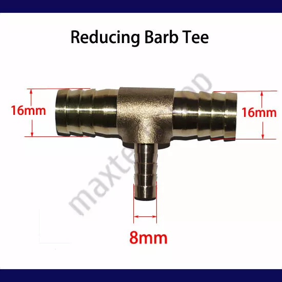 16mm 8mm 16mm 5/8" x 5/16 x 5/8 Tee Brass Reducer Hose Barb Fitting Connector to