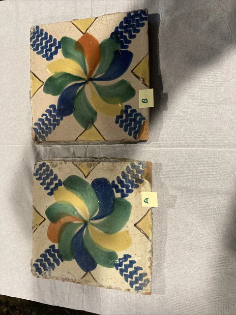 Antique Polychrom Ceramic Redware Tile Glazed Terracotta 6”x6” Majolica Morrocan