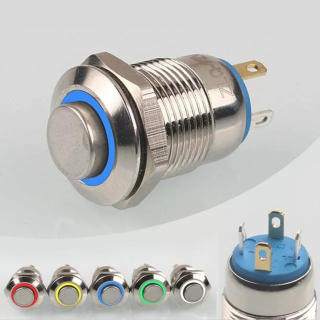 Car Stainless Steel Metal Waterproof LED Push Button Switch Momentary 12V 12MM 3