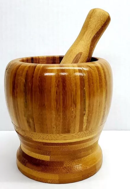 CHEF BAMBOO MORTAR w/ PESTLE CRUSH SMASH KITCHEN SPICES MOLCAJETE 4.5" WOOD