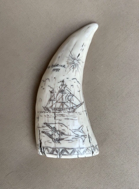 Faux Scrimshaw Carved Whale Tooth  “Ship Beatrice 1797” “Luck to Women”