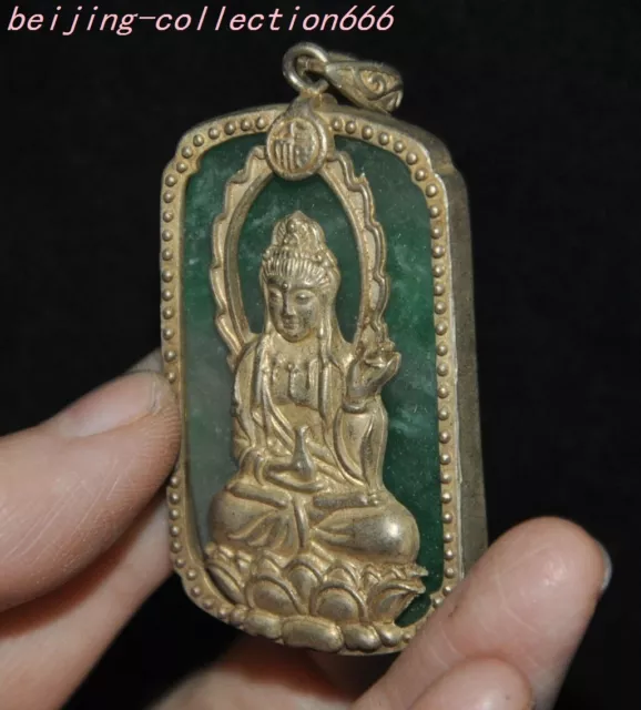 2" Tibet silver 100% Natural Emerald Green Jade Jadeite guanyin Exorcism Pendant 3