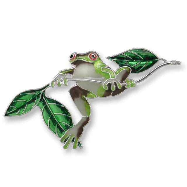 @ New ZARLITE Enamel Brooch Pin FROG GREEN LEAVES Sterling Silver Plated ZARAH